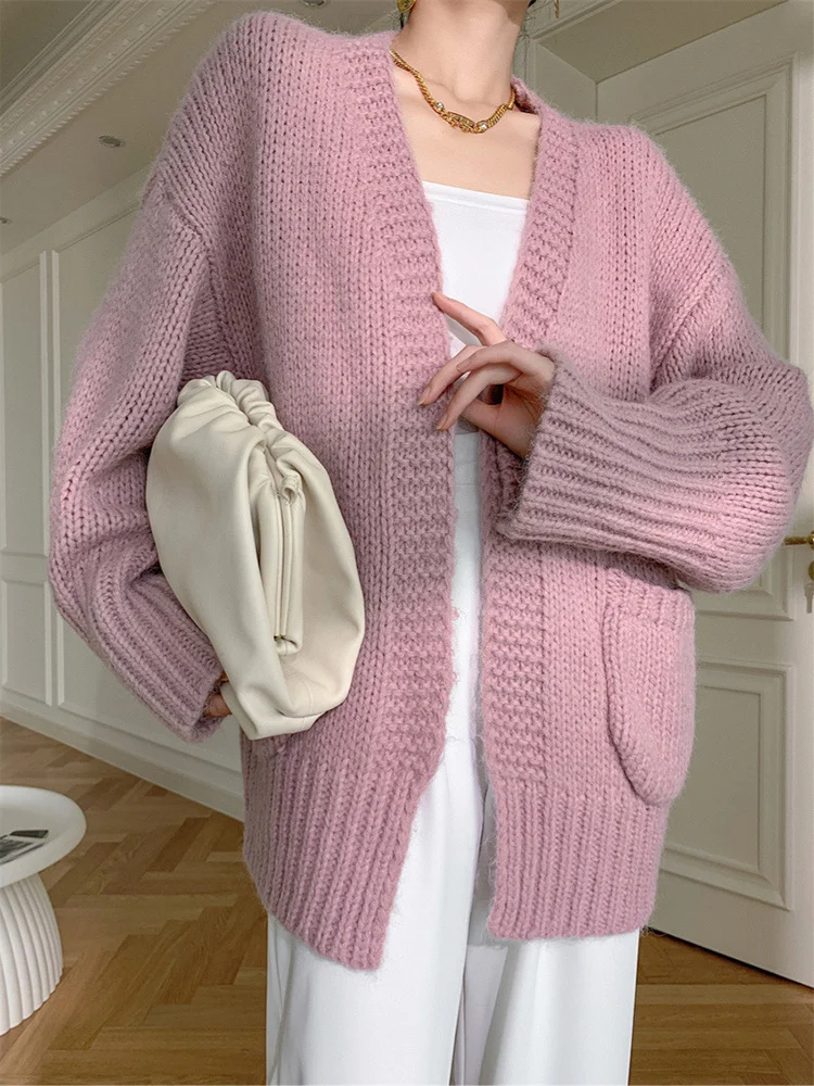 

Beige Big Size Knitting Cardigan Sweater Loose Fit V-Neck Long Sleeve Women New Fashion Tide Autumn Winter O499