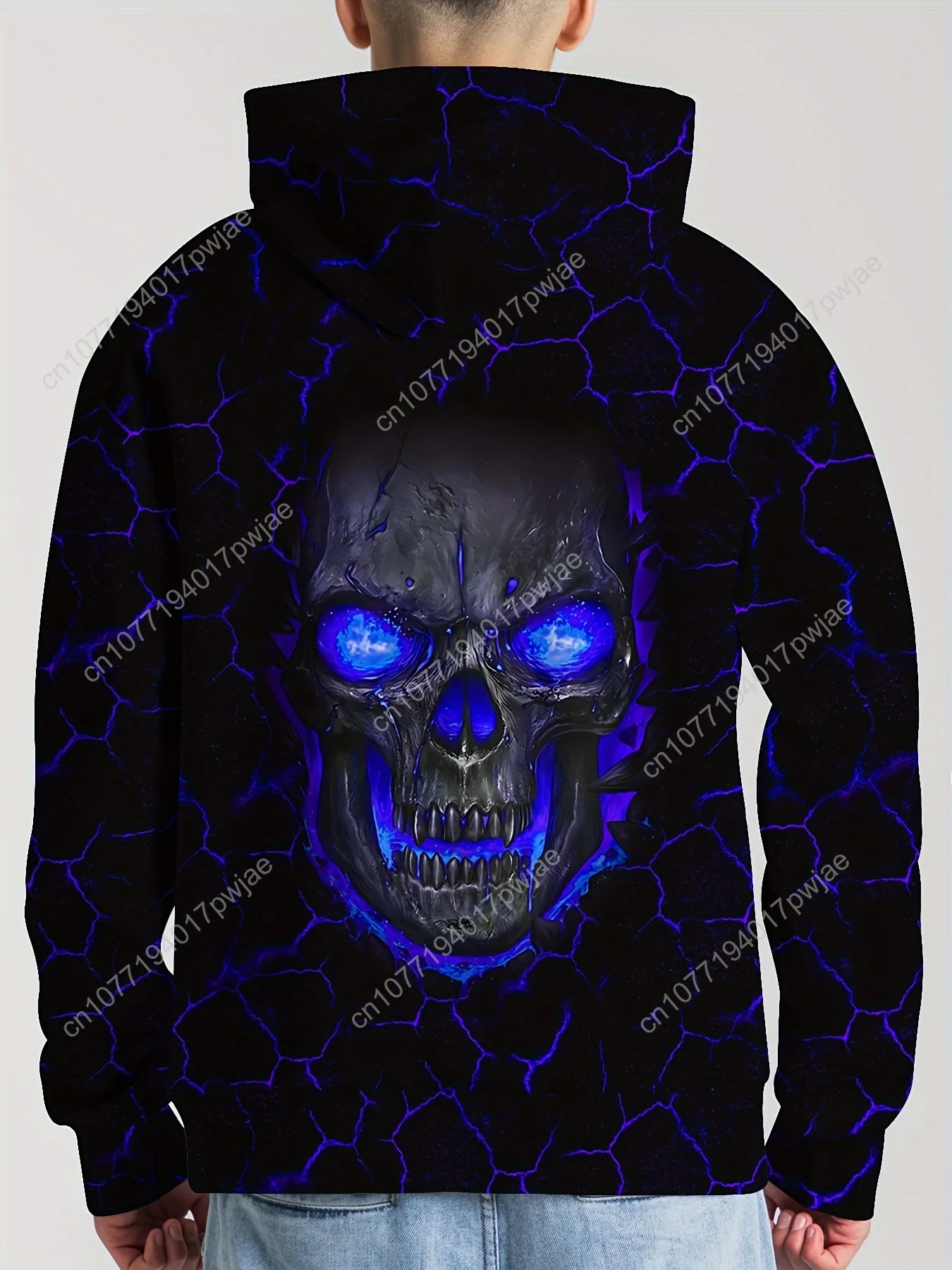 Мужская толстовка, цифровой 3D-принт со светящимся черепом и синим узором кости, готический уличный пуловер, можно стирать в машине, зимняя S