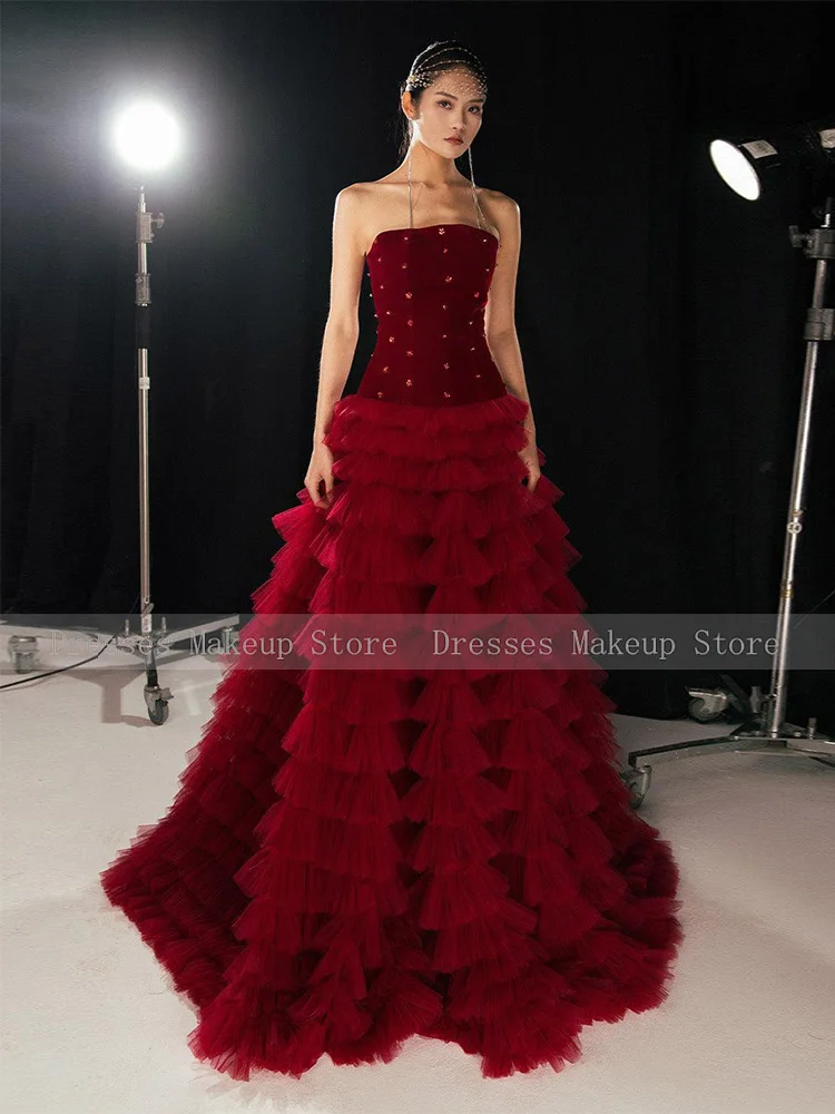 Vestidos de baile luxuosos em camadas babados cristal sem alças sem mangas vestidos formais femininos longo até o chão uma linha vestido de noite