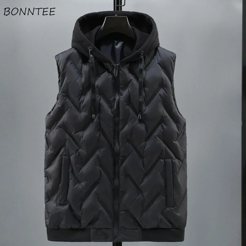 

Vest Men Black Cool Warm Autumn Winter Fashion Hooded Chic Pockets Simple All-match Windproof Casual High Street Young Korean