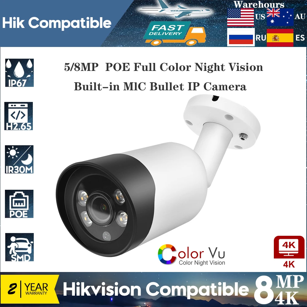 

Hikvision Compatible 4K 8MP Color Night Camera Colorful 5MP Security Build in Mic CCTV PoE Full Color ColorVu Bullet IP Camera