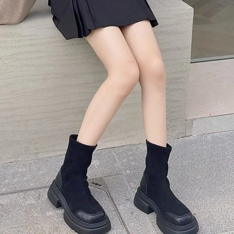 

Women's Ankle Boots Platform Chunky Block Heel Stretch Sock Boots Suede-Look Mixed Texture Slip-On Lug Sole Round Toe Footwear