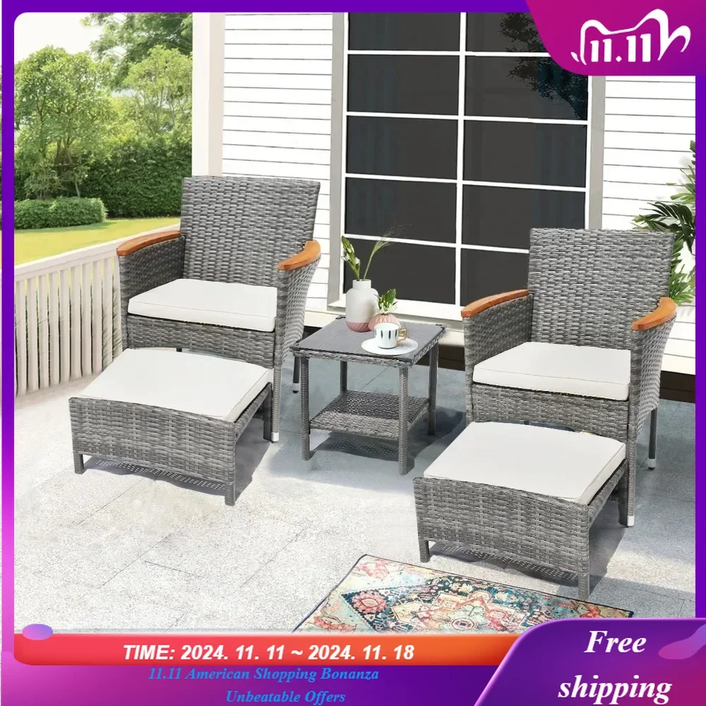 

5 Piece Outdoor Patio Set, with Table&Ottoman Outdoor Patio Sets, of 2 Outside Lawn Chairs Conversation Set