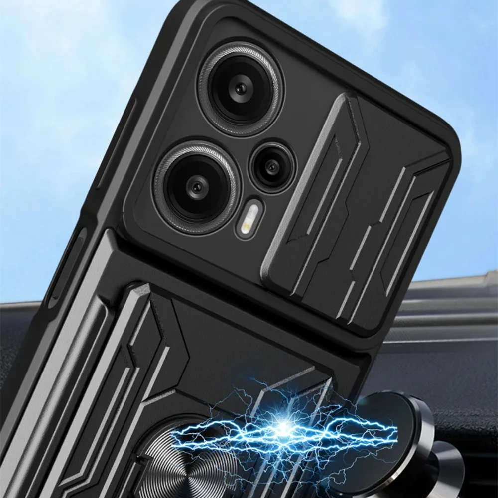 For Xiaomi Poco F5 Case Slide Camera Lens Protect Shockproof Armor Cases Xiaomi Poco Little F5 5G Card Slot Bracket Back Cover