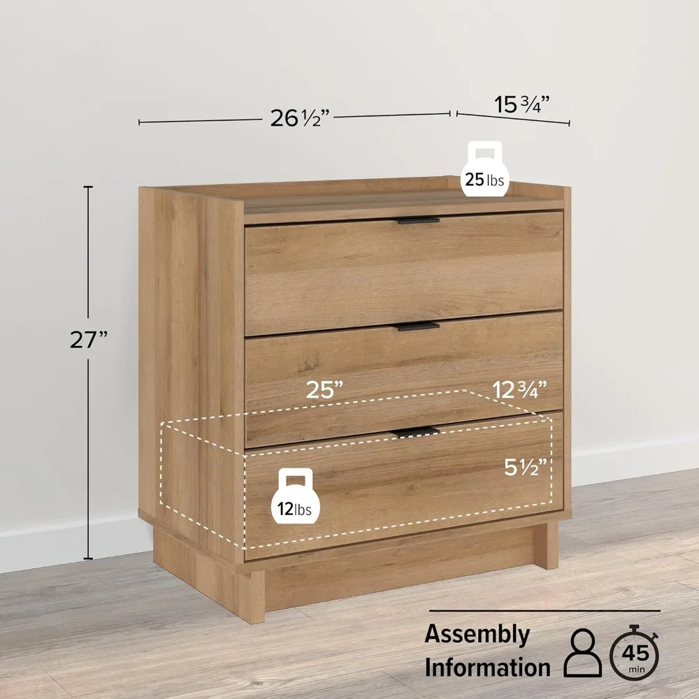 منضدة حديثة بسيطة من خشب البلوط الطبيعي، طاولة جانبية لغرفة النوم مع 3 أدراج، الأبعاد 26.5 عرض × 26.75 ارتفاع