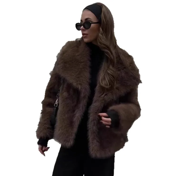 2025 Women's Faux Fox Fur Coat Brown Black Tip Large Lapel Collar Versatile Jacket Luxury Winter Outerwear