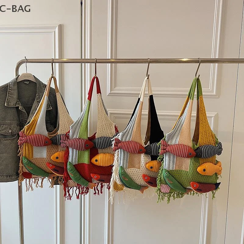 

Creative Tassel Knitted Splicing Shoulder Bag Cute Little Fish Tote Bag Versatile Casual Commuter Handbag For Girls Gift