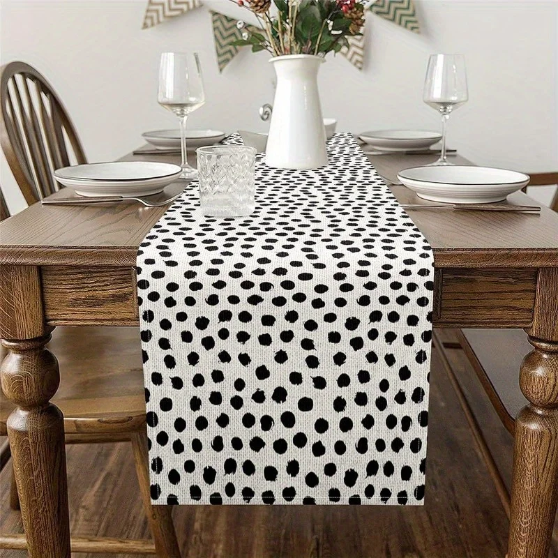 Black White Geometric Polka Dot Table Runner - Linen Easy-Clean Modern Farmhouse Dining Decor