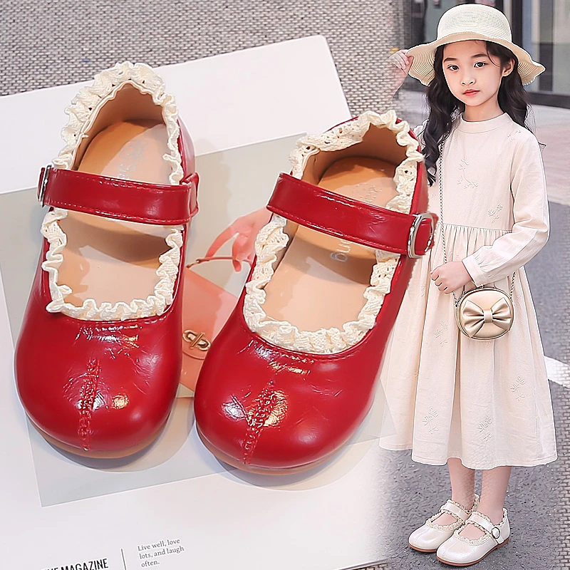 Spring Autumn Children's Leather Shoes New Simple Toddlers Ballet Girls Fashion Shoe Beige Versatile Ruffled Edge Kids Flats