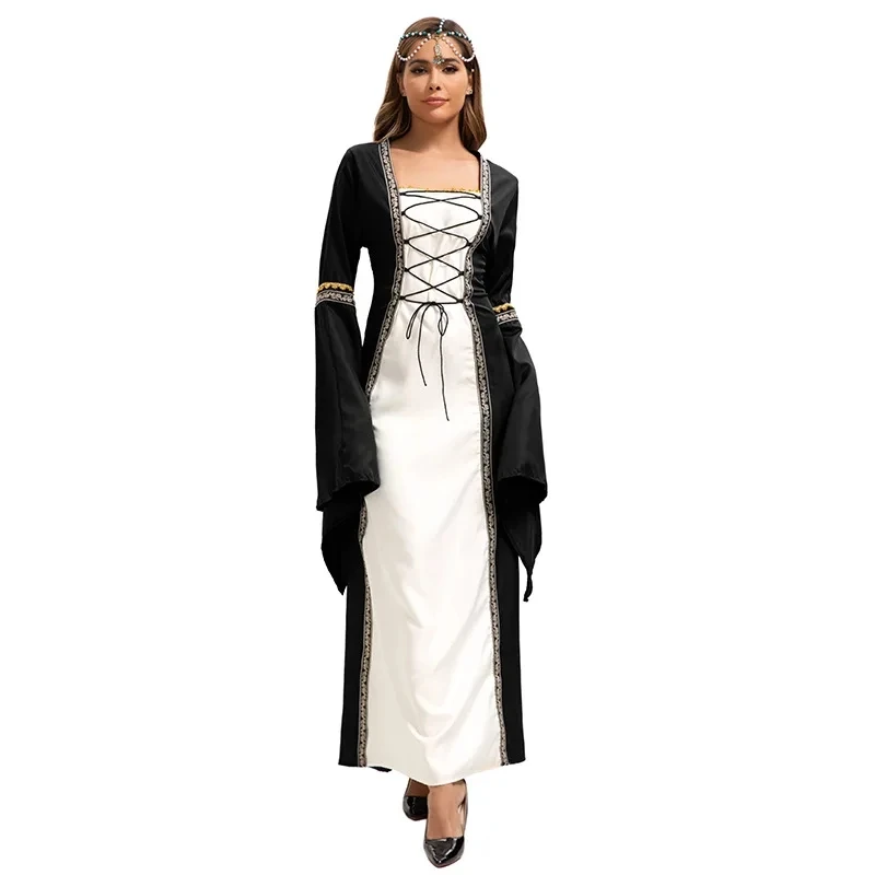 

2026 European American Style Women's Gothic Retro Dress Square Neck Bell Sleeves Slim-Fit Long-Length Medieval Court Robe