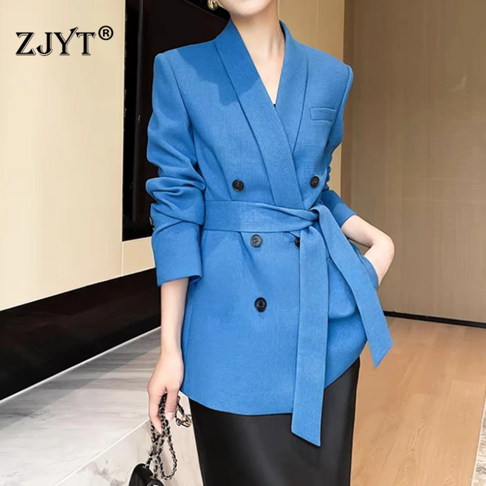 ZJYT Abito da donna Blazer Cappotto 2025 Autunno Elegante doppio petto con lacci Colletto a scialle Giacca da ufficio Top da donna Capispalla casual