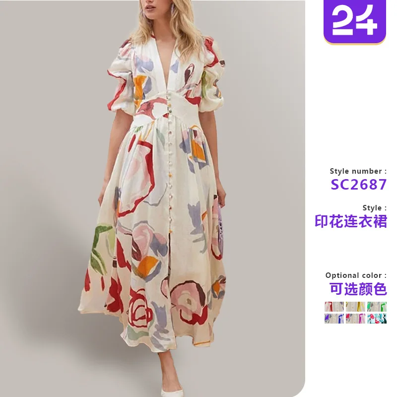 Women Dresses 2026 new beach puff sleeve features slim four-sided elastic floral print long dresses women's clothing vestidoes
