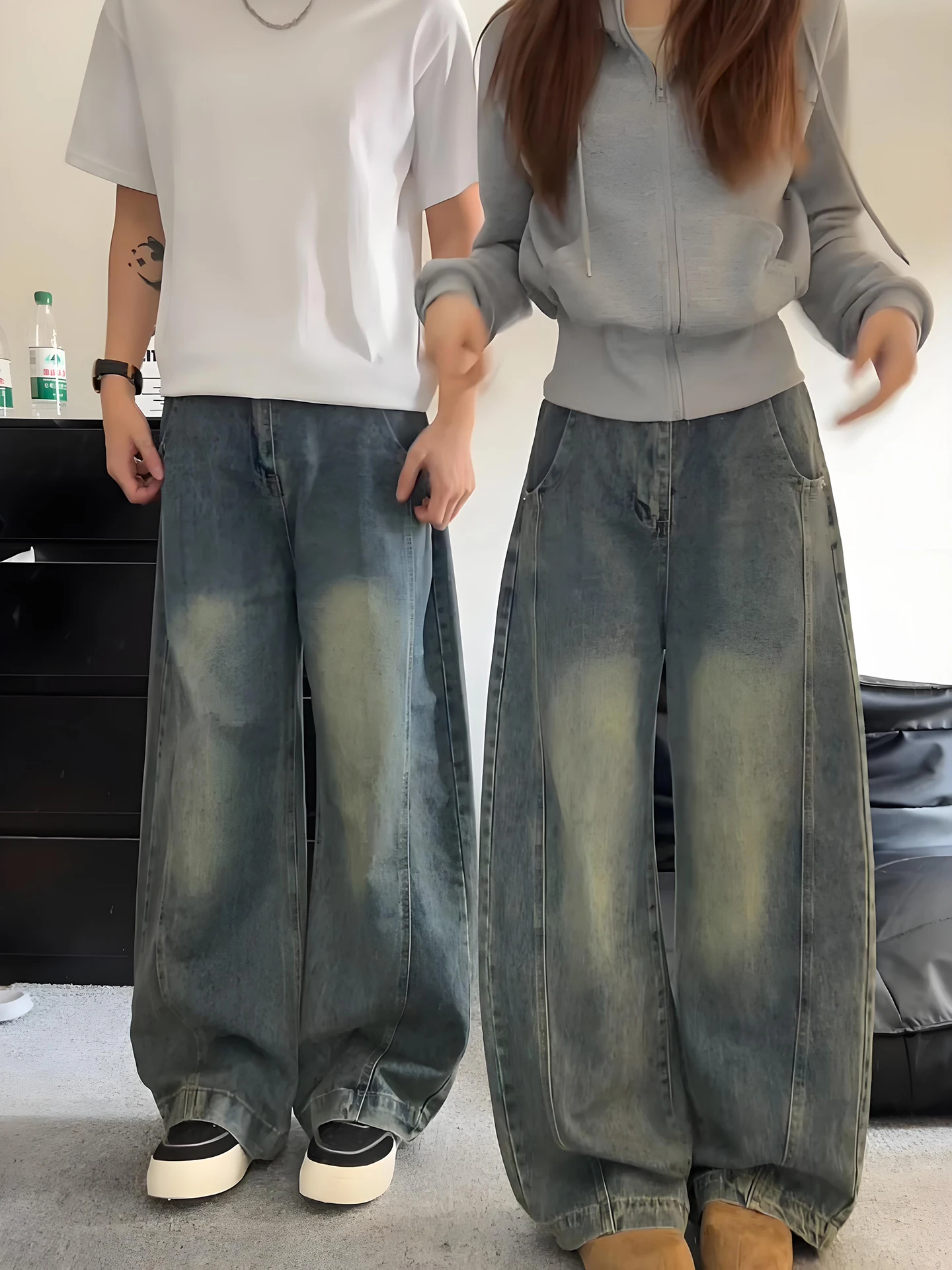 

Cleanfit adient Knife Men's Jeans American Retro Loose Wide Leg Pants Splicing Micro Flared Straight Leg Long Trousers