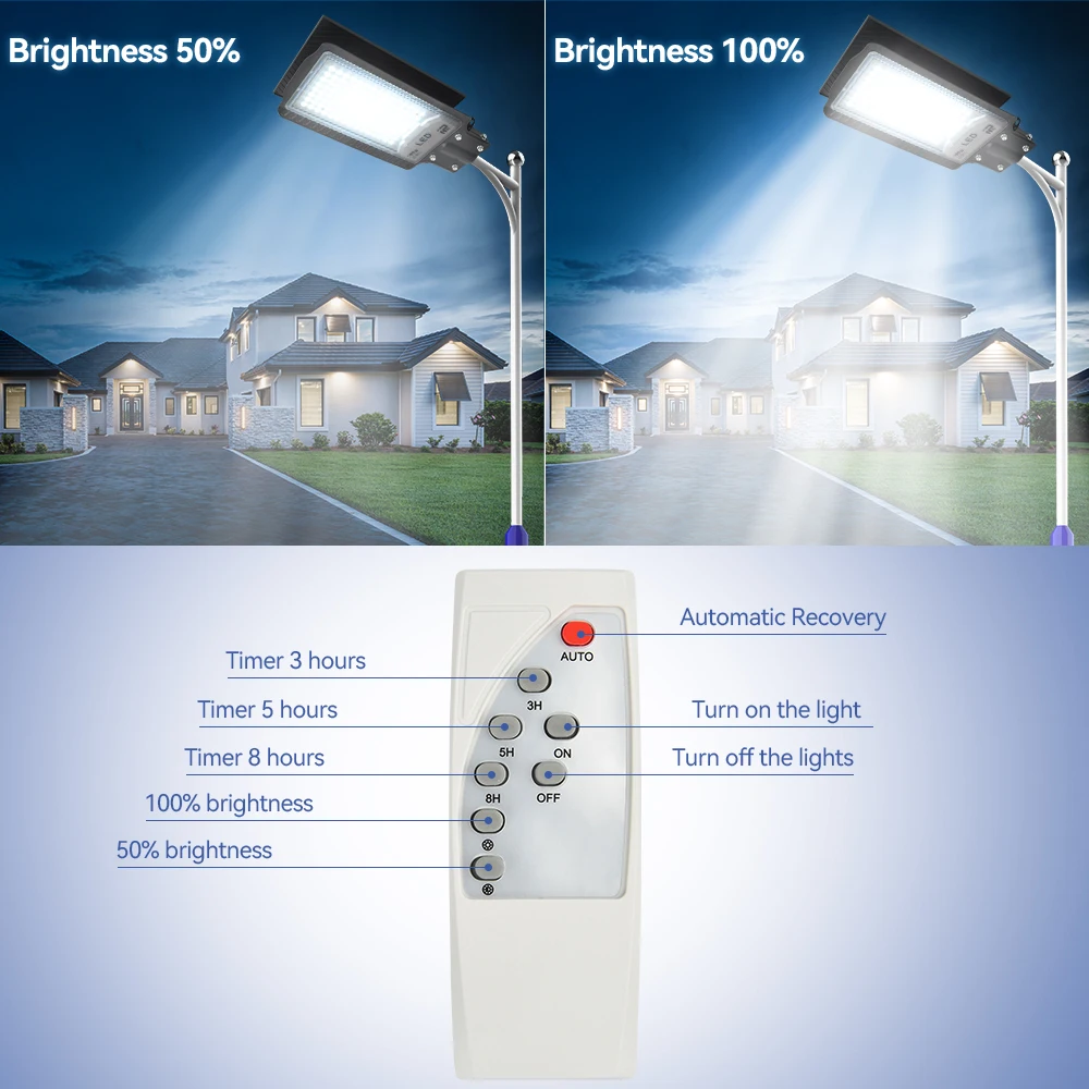 Outdoor Solar Street Lights LED IP65 Waterproof 100W Adjustable With Remote Control 1500LM For Driveway Garden Wall Fence