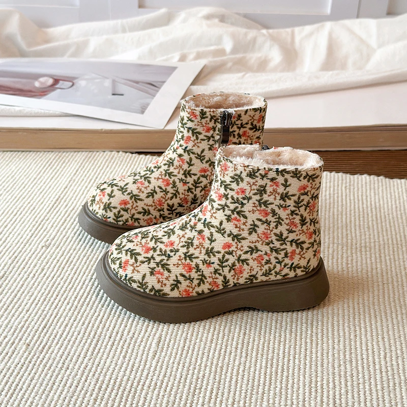 Winterstiefel für kleine Mädchen, mit Blumenmuster, aus Cord, mit weichem Innenfutter, Reißverschluss, klobiger, dicker Sohle, warme, bequeme Freizeitstiefel. – Detail 3