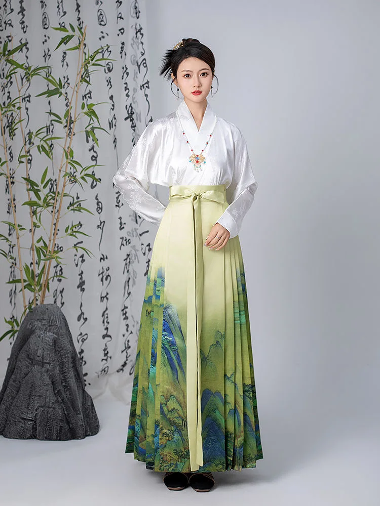 Elegant White Long Sleeve Hanfu Blouse Chinese Skirt for Women Horse Face Skirt Daily Wear ханьфу современный Prom Dresses