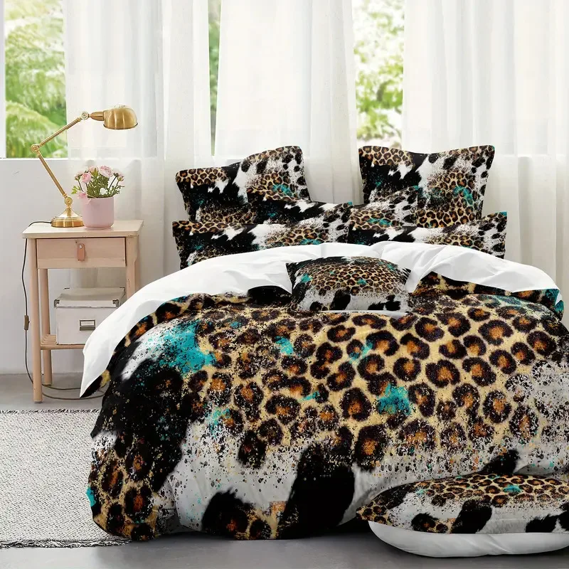 

Leopard Comforter Cover King, Red Rose Romantic Bedding Sets Wild Animals Cheetah Print Duvet Covers Set For Couple Men Women