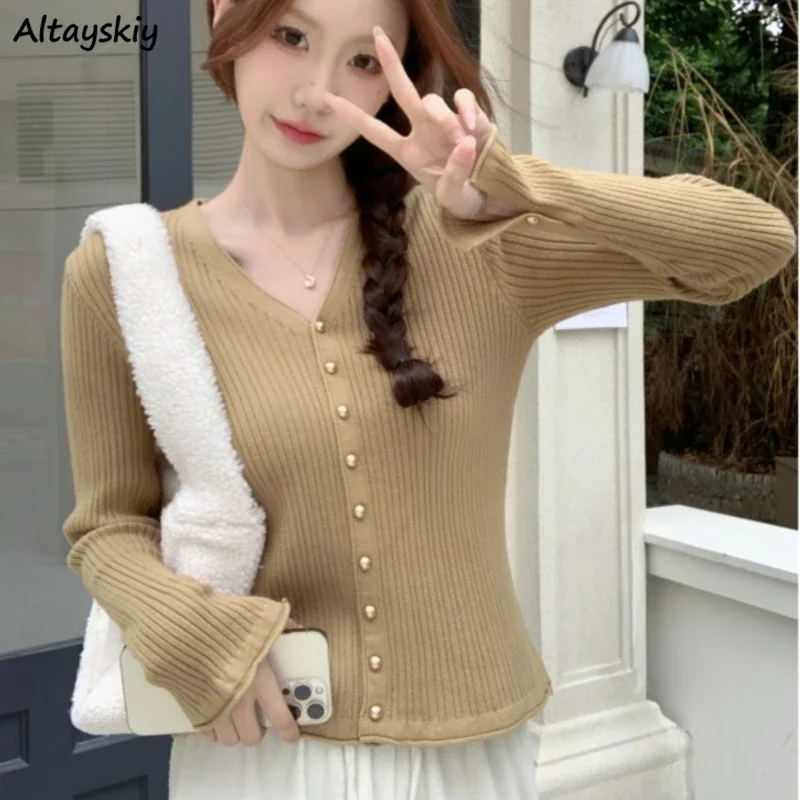 

V-neck Knitted Cardigan Women Slim Casual Sweet Girls Streetwear All-match Korean Style Gentle Temper Minimalist Ulzzang Daily
