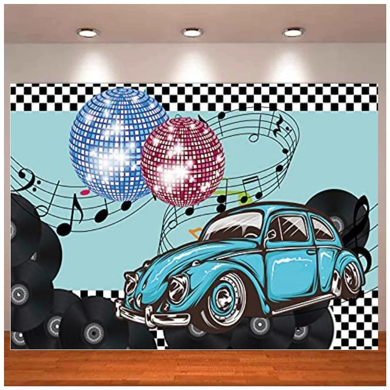 

1950s Sock Hop Photography Backdrop Disco Balls Vintage Car Blue Background Back To 50`s Retro Rock And Roll Diner Party Decors