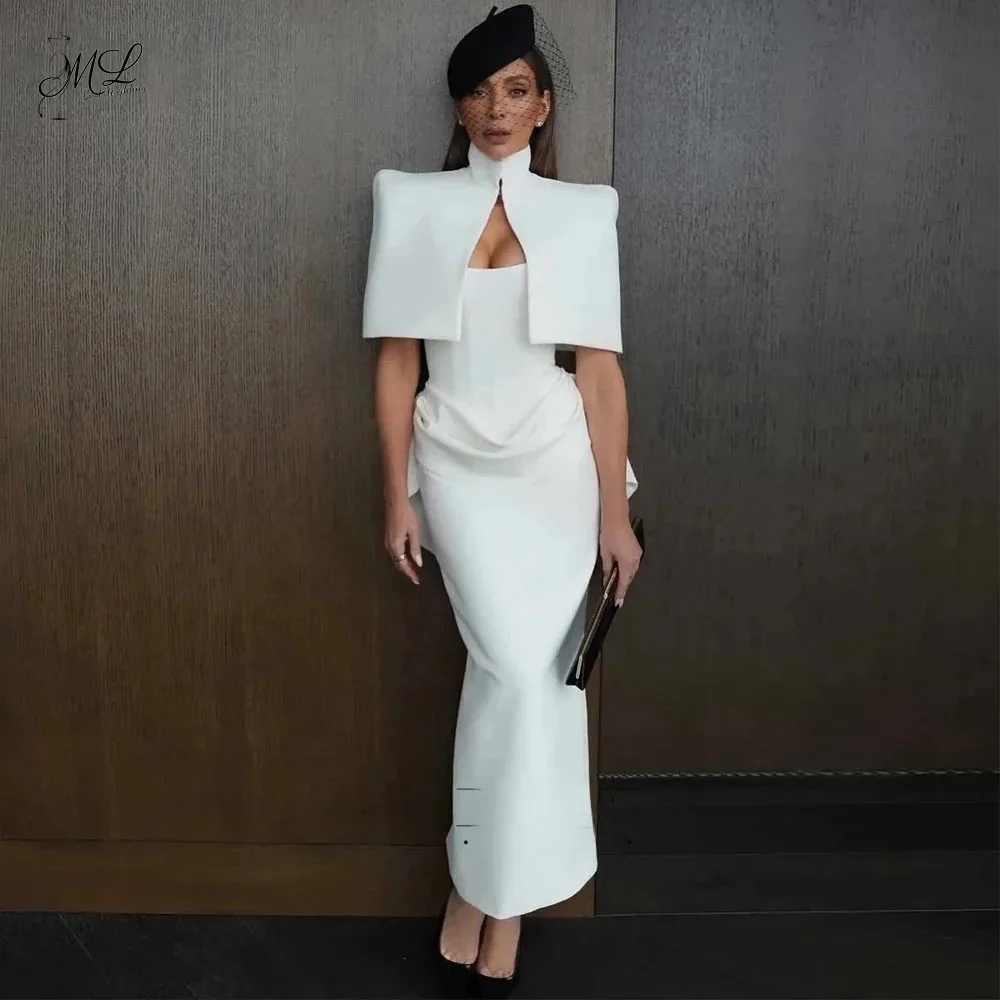 ML Vintage Wedding Guest Dress with Cape Elegant White Party Evening Gowns Mermaid White Cocktail Dresses Ankle-length Customize