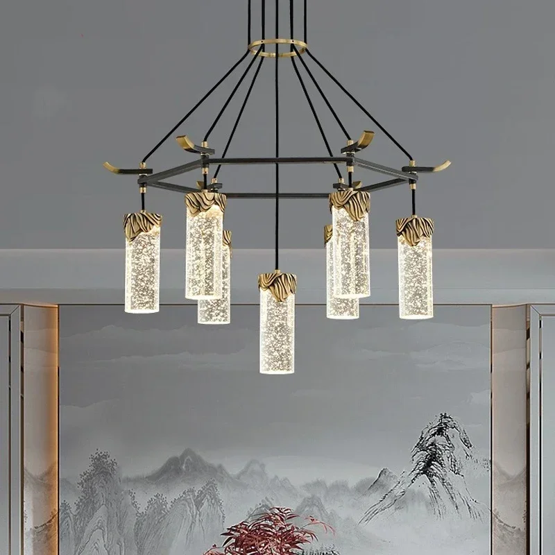 Lustre LED de cristal de cobre para sala de estar, lâmpadas criativas para chá e jantar