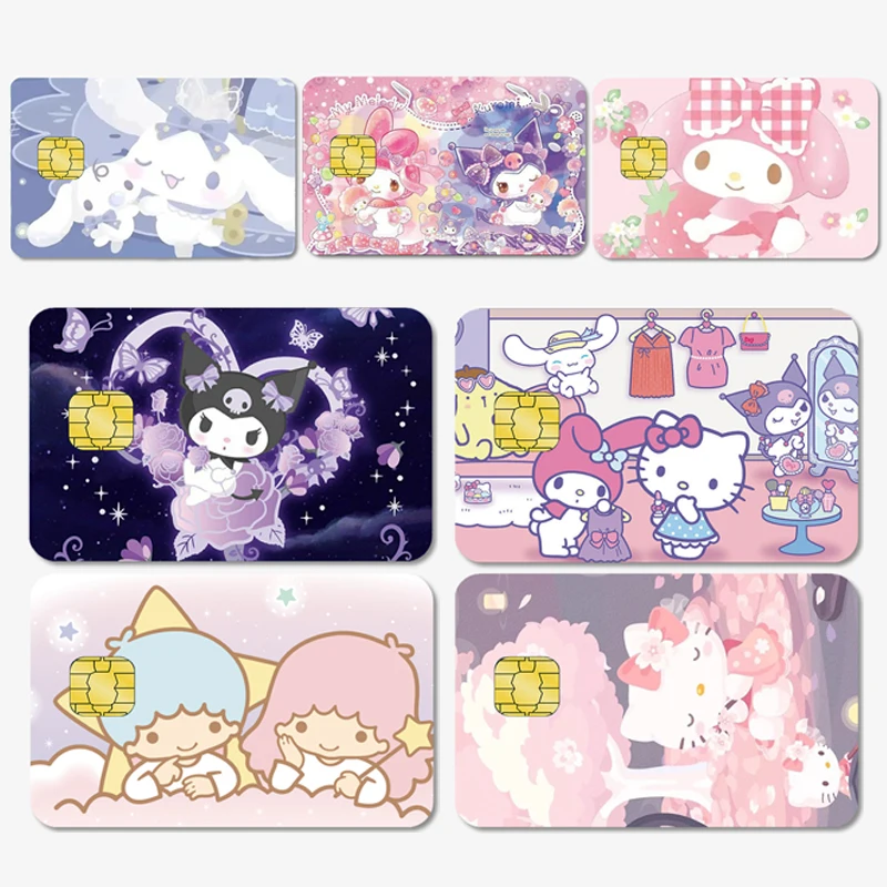 

Kawaii Sanrios Hello Kittys Kuromi Melody Cinnamoroll, наклейка для карты, пленка, наклейки для больших маленьких чипов и кредитных карт