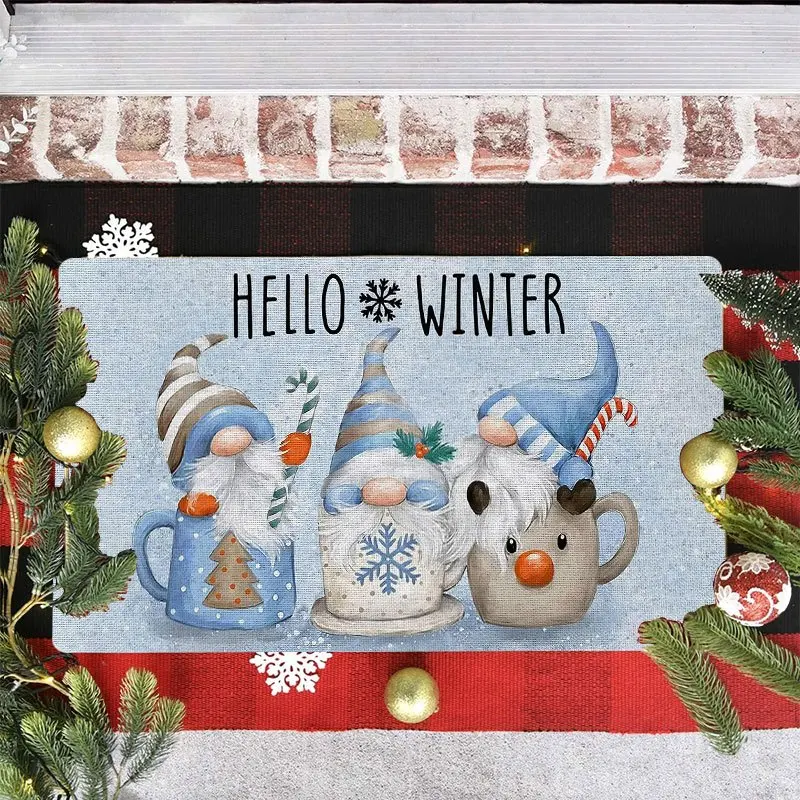 Christmas Gnome & Snowflake Welcome Doormat - Non-Slip Flannel Mat with 