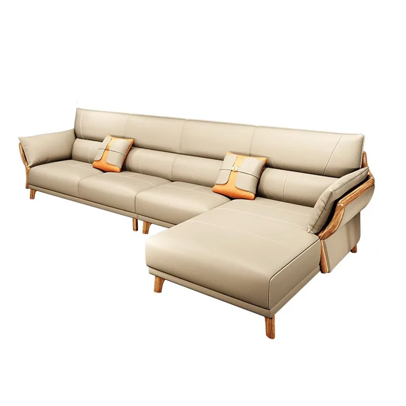 

New Chinese style, ebony leather sofa, modern simplicity, living room solid wood combination