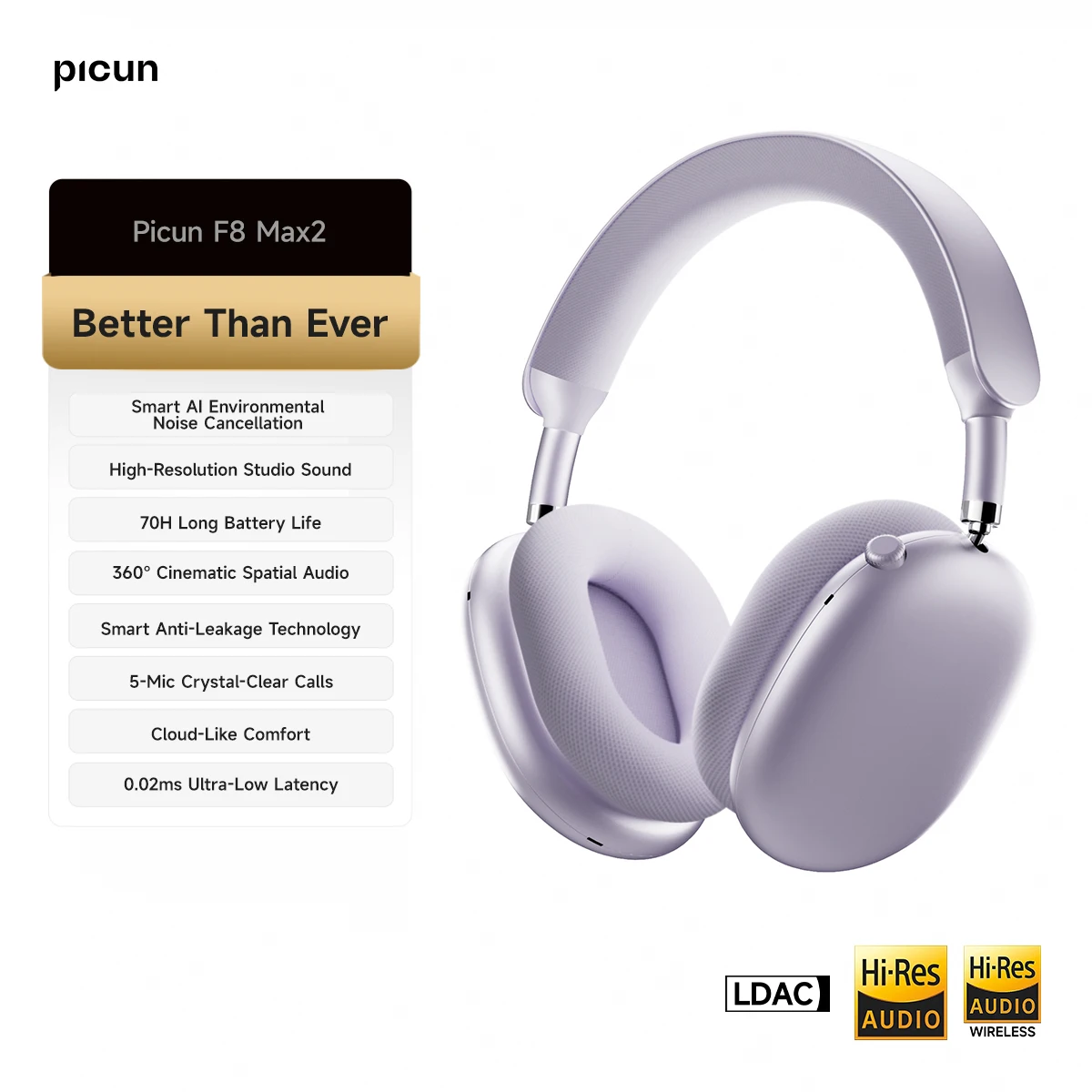 Picun F8MAX ANC Kabelloser Kopfhörer 56dB Hybrid Aktive Geräuschunterdrückung Räumlicher Klang Ohrhörer Bluetooth 6.0 Over-Ear-Headset 65 Std.