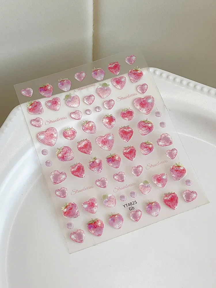 1 stuks nagelstickers jelly roze aardbei hart zoete luxe stijl met zelfklevende achterkant nail art stickers geschikt voor manicure