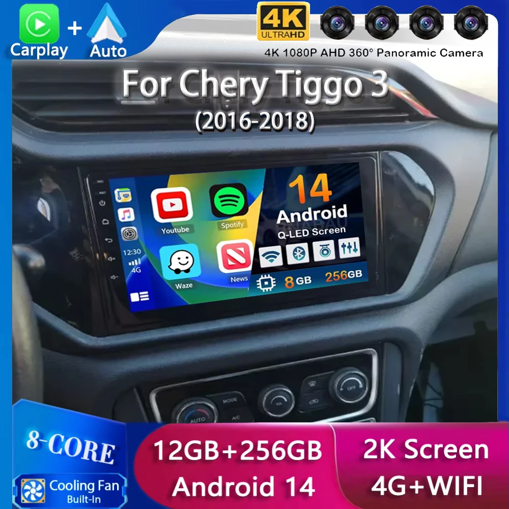 

Android 14 Carplay Auto Car Radio For Chery Tiggo 3 (2016/2018) GPS Recorder Multimedia Video Player Navigation WiFi+4G DSP DVD