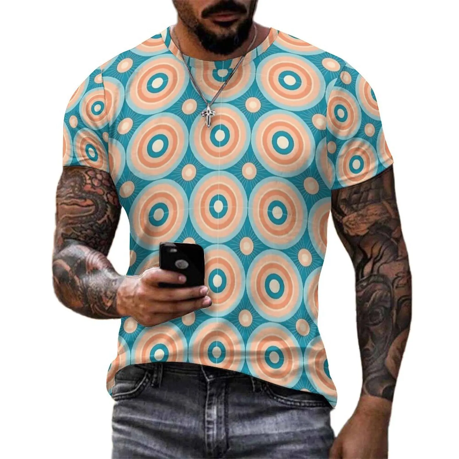 Men Coral Teal Circle Print T Shirt  Hippie T-Shirts Short-Sleeved Graphic Tops Cheap Beach Y2K Fun Oversized Top Tees