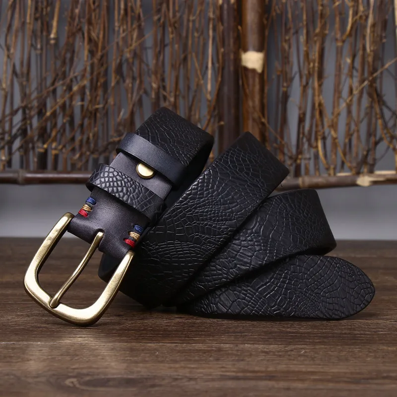 3.8CM Solid Copper Pin Buckle Belt Male Serpentine Belts Cowskin Male Snakeskin Grain Belt Fashion Genuine Leather Jeans Belts