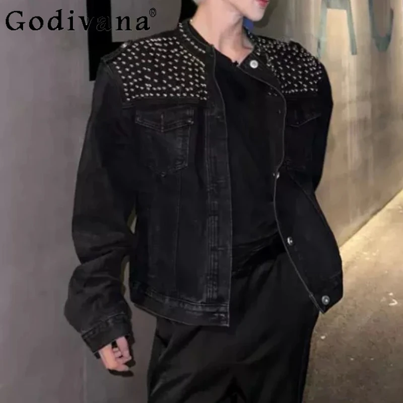

Spring Autumn Heavy Industry Bead Loose High Street Long Sleeve Denim Jacket Fashion Men Personality Chic Handsome Leisure Tops