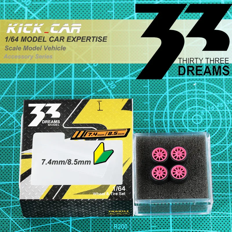 33Dreams 1/64 Wheels With Rubber Tires Pink 8.5mm Diameter for Hot Wheels MiniGT Model Cars Diecast Vehicle Modified Parts
