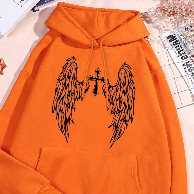 

Wings And Cross Printing Mens Hooded Basics Thick Comfy Sport Shirts Leisure Stylish Sportwear Unique Oversized Pocket Clothes