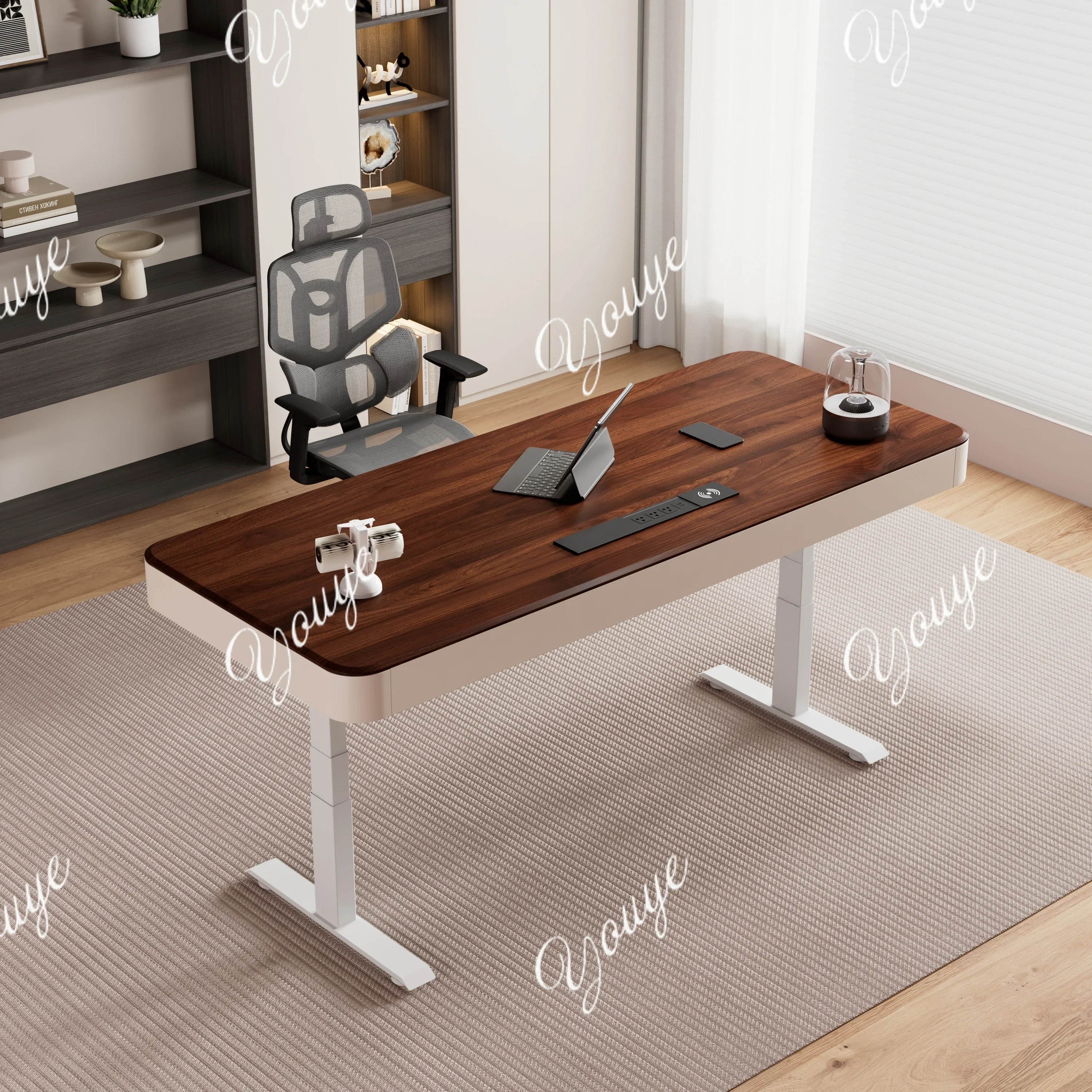 J N49 J Light Luxury Style Solid Wood Electric Lifting Computer Desk Study Room Home Office E-sports Desk Can Be Lifted