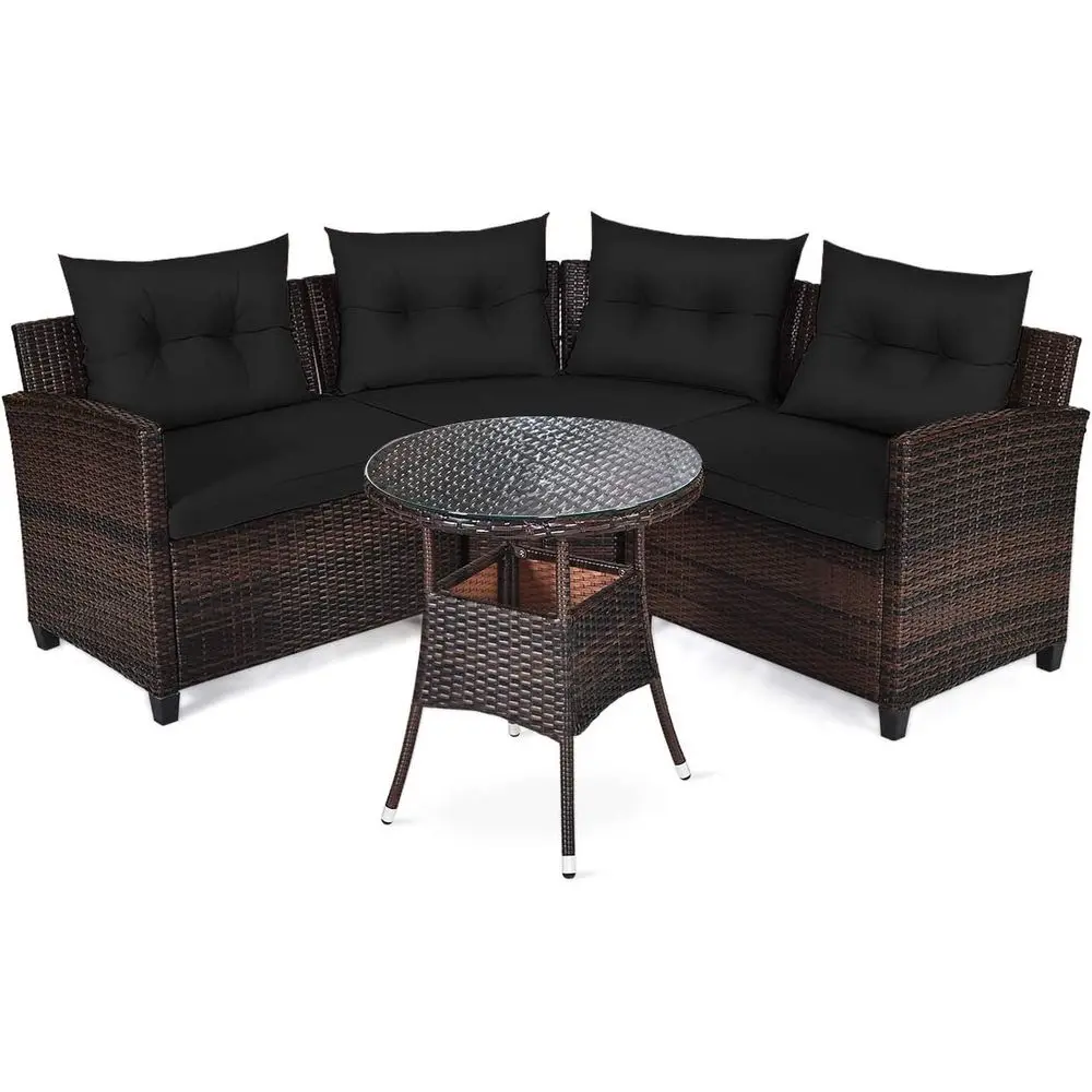 

L-Shaped Wicker Outdoor Patio Furniture Set with Cushions, Round Glass Table for Garden, Poolside, or Balcony