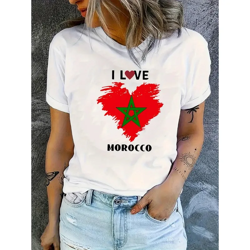 Ladies Moroccan Flag Heart-shaped Design T-shirt with 