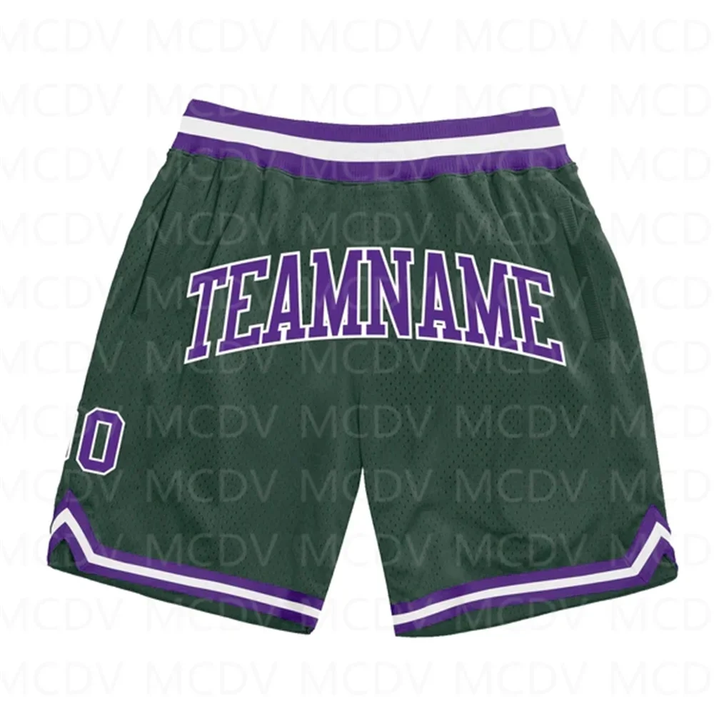 Custom Hunter Green Purple-White Authentic Throwback Basketball Shorts3D All Over Printed Men's Shorts Quick Drying Beach Shorts