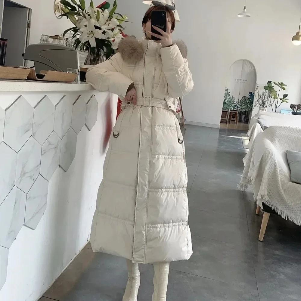 Veste ample en duvet de canard blanc en vraie fourrure européenne, manteau à la mode pour femme, manteau à col en fourrure de renard, hiver 2024