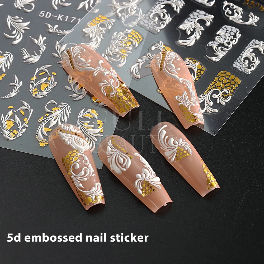 5D Nail Sticker White Lace Wedding Bride Nail Design Acrylic Embossed Sliders Gold Leaf Bronzing Foils Monogram Decals GL5D-K171