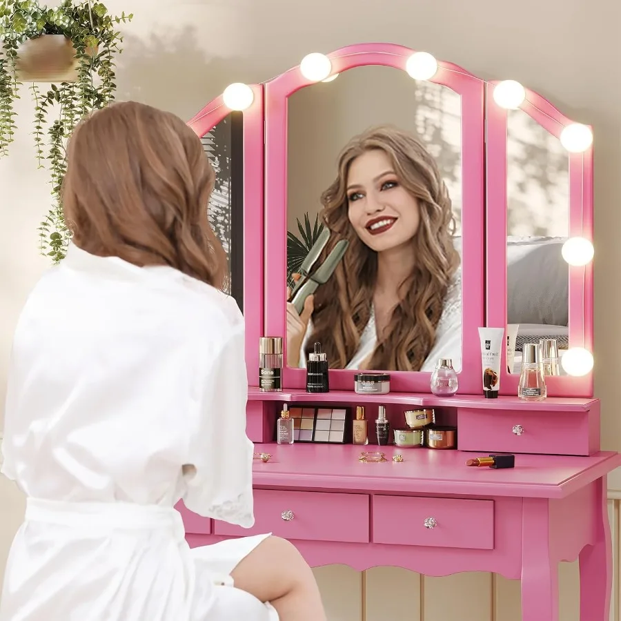 Compact Pink Makeup Vanity Desk with TriFold Mirror and Builtin LED Lights Featuring Wood Upholstered Stool 5 Drawers 8 Jewelry image 6