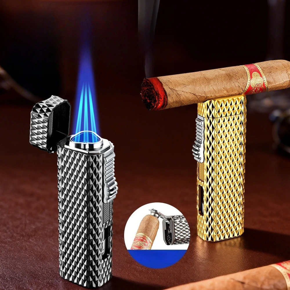 

3-in-1 Cigar Lighter with Cigar Punch & Rest,Refillable Butane Lighter with Visible Gas Window,Diamond Pattern Cigar Accessory