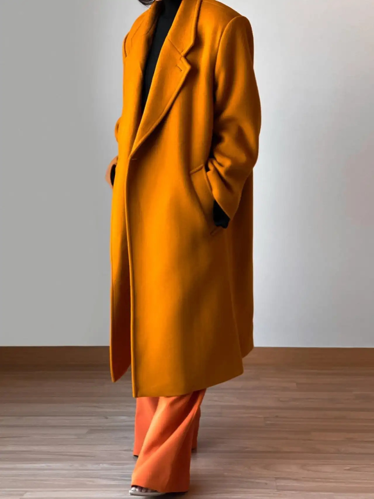 Bright Orange Vintage Women Winter Loose Blend Wool Coat Tops Elegant Long Cardigan Jackets Long Sleeve Outwears