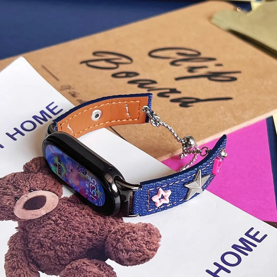 Strap For Xiaomi Mi Band 8 7 6 5 Watch Band Retro Fashion Y2K Denim PU Leather Star Bracelet For Miband 5 6 4 3 Wristband Correa