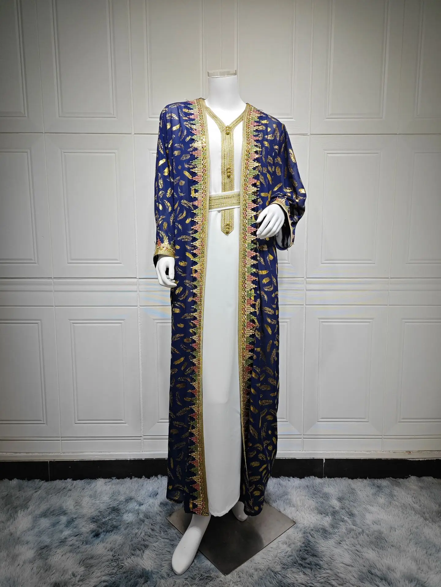 Ramadan Eid Evening Party Events Moroccan Women Chiffon Kaftan Dress Set- V-Neck Sleeveless Dress, Foil Print Butterfly Kaftan