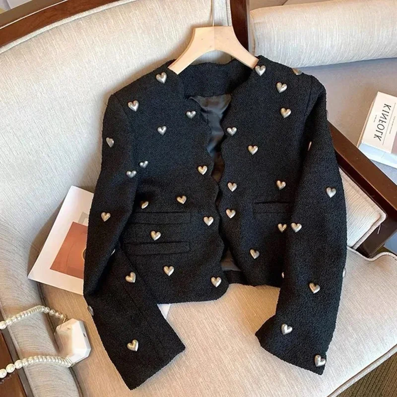 

Women’s Trendy Tweed Jacket Spring Autumn Wave Neck Heart Buckle Suit Cardigan Coat Vintage Long Sleeved Korean Crop Outwear