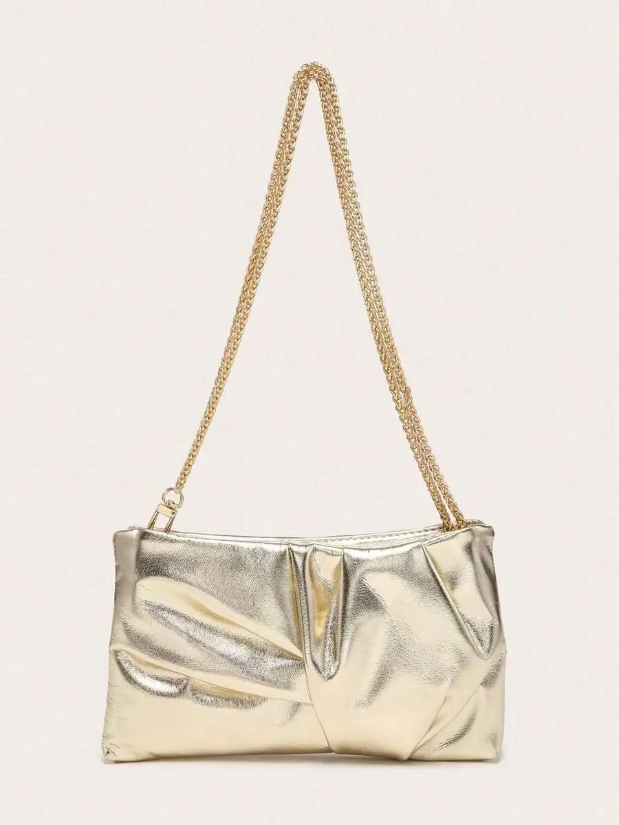 

Женская квадратная сумка через плечо, плиссированная, из искусственной кожи, с металлической цепочкой, модный дизайн, подходит для вечерних мероприятий и прогулок по магазинам.