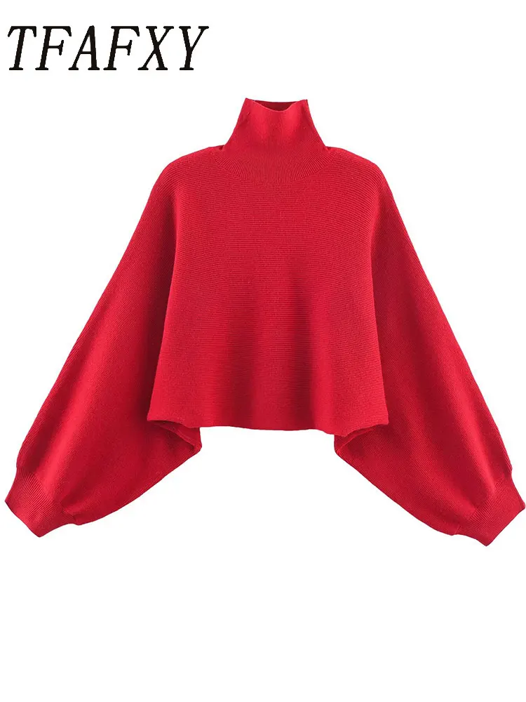 

TFAFXY 2022, осенний женский свитер, вязаный укороченный пуловер, женский топ с рукавами «летучая мышь», шикарные повседневные свитера